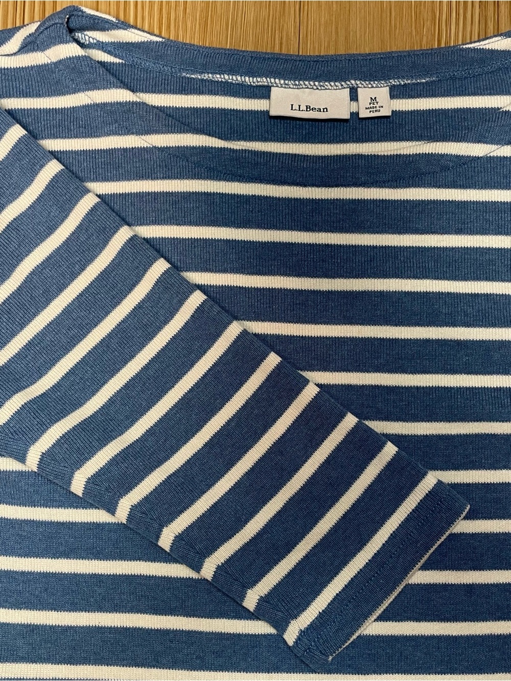 LL Bean Womens M Petite Blue White Striped Boatneck Top 3/4 Sleeve Cotton Knit